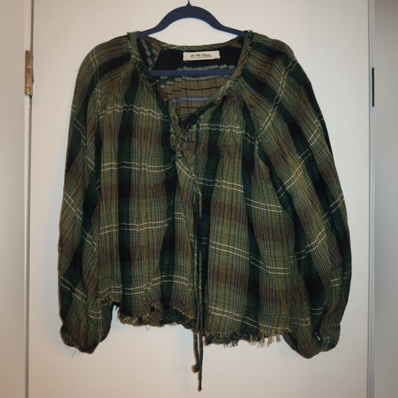 We The Free Tops - We The Free Green Plaid Peasant Blouse